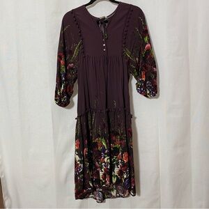 JAASE Boho Floral Dress XS fits (S/M) too Peasant Midi Purple Balloon Sleeve